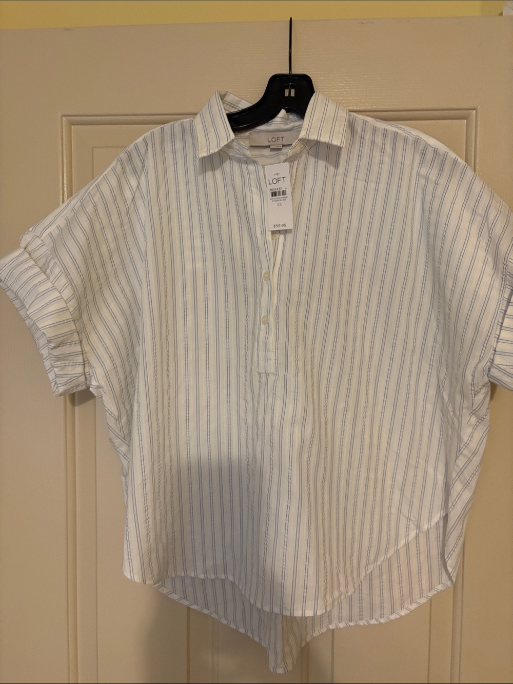 LOFT White Shirt with Blue Stripes Casual Button-Down